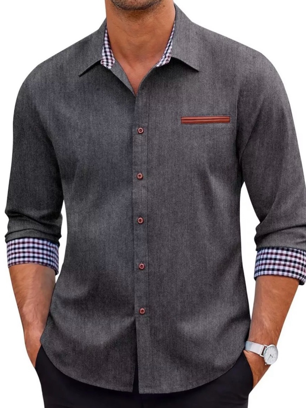 Coofandy Men's Charcoal Long-Sleeve Casual Button-Down Shirt